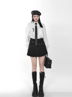 YUBABY Black Pleated Bead Embellished Patchwork Women's Cotton Brocade Skorts