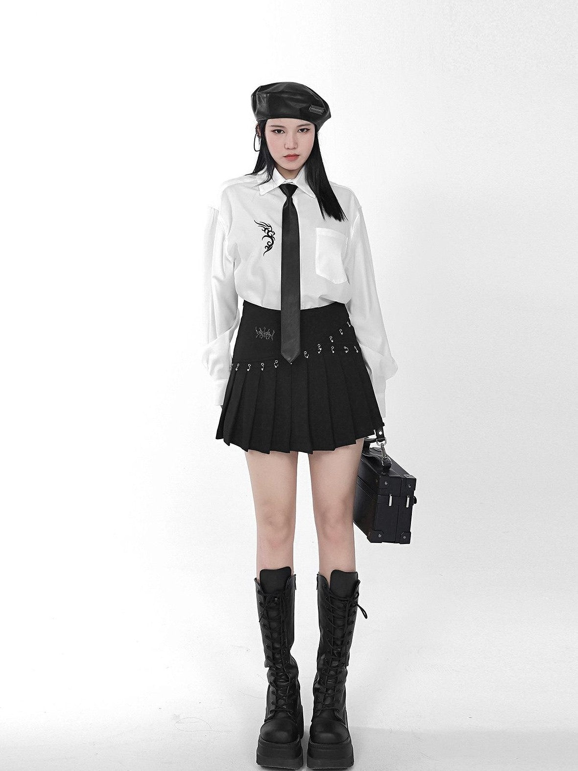 YUBABY Black Pleated Bead Embellished Patchwork Women's Cotton Brocade Skorts