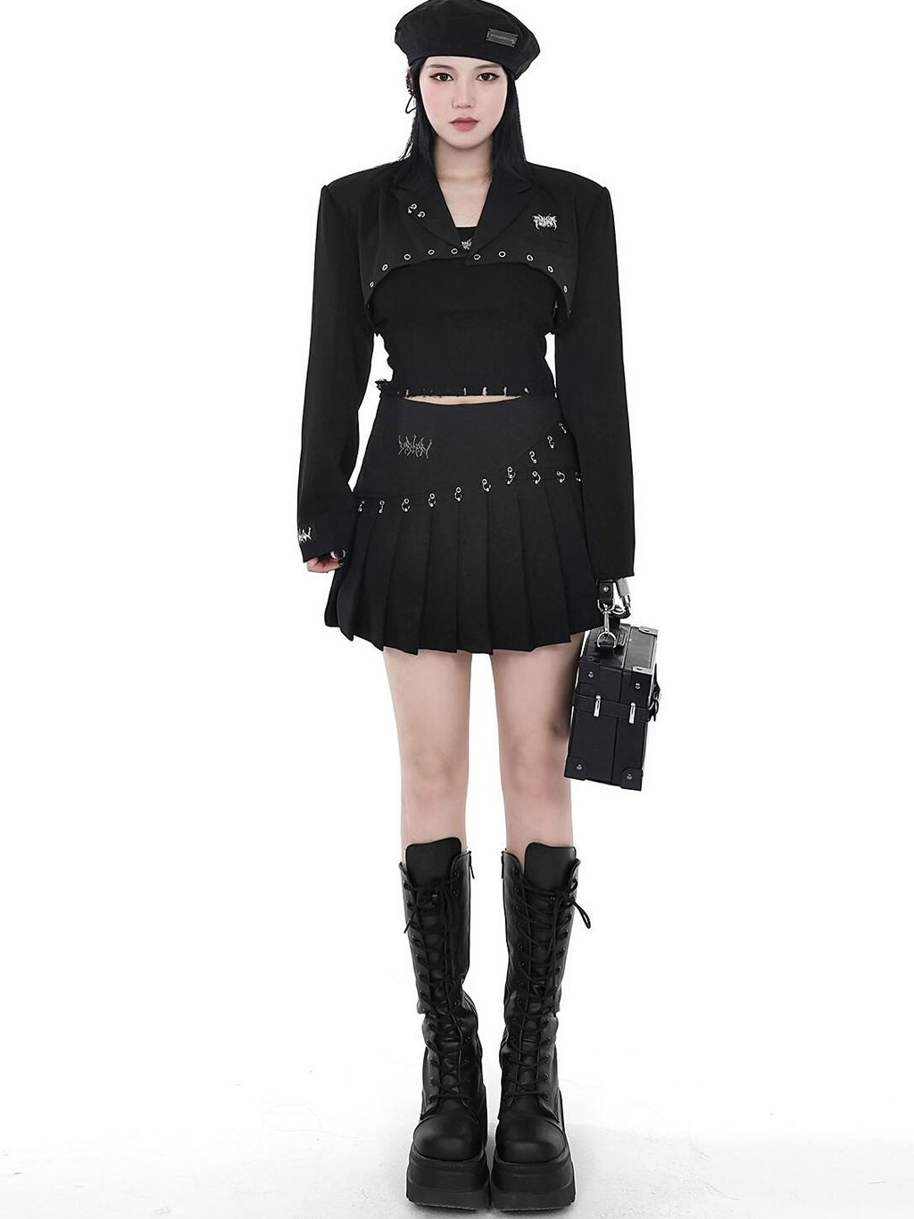 YUBABY Black Pleated Bead Embellished Patchwork Women's Cotton Brocade Skorts