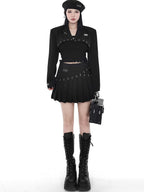 YUBABY Black Pleated Bead Embellished Patchwork Women's Cotton Brocade Skorts