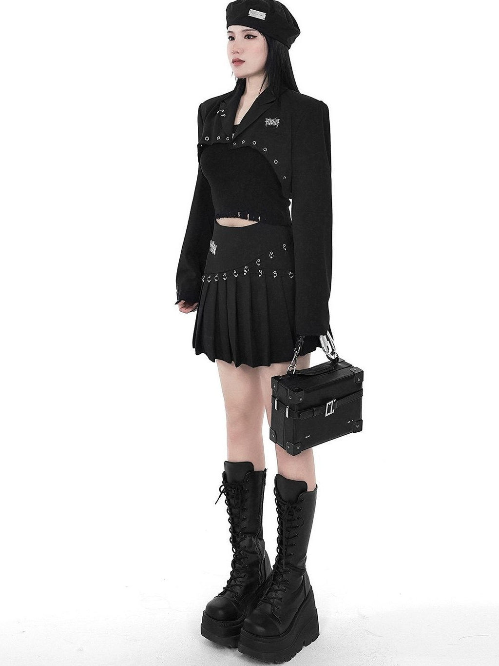 YUBABY Black Pleated Bead Embellished Patchwork Women's Cotton Brocade Skorts