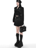 YUBABY Black Pleated Bead Embellished Patchwork Women's Cotton Brocade Skorts