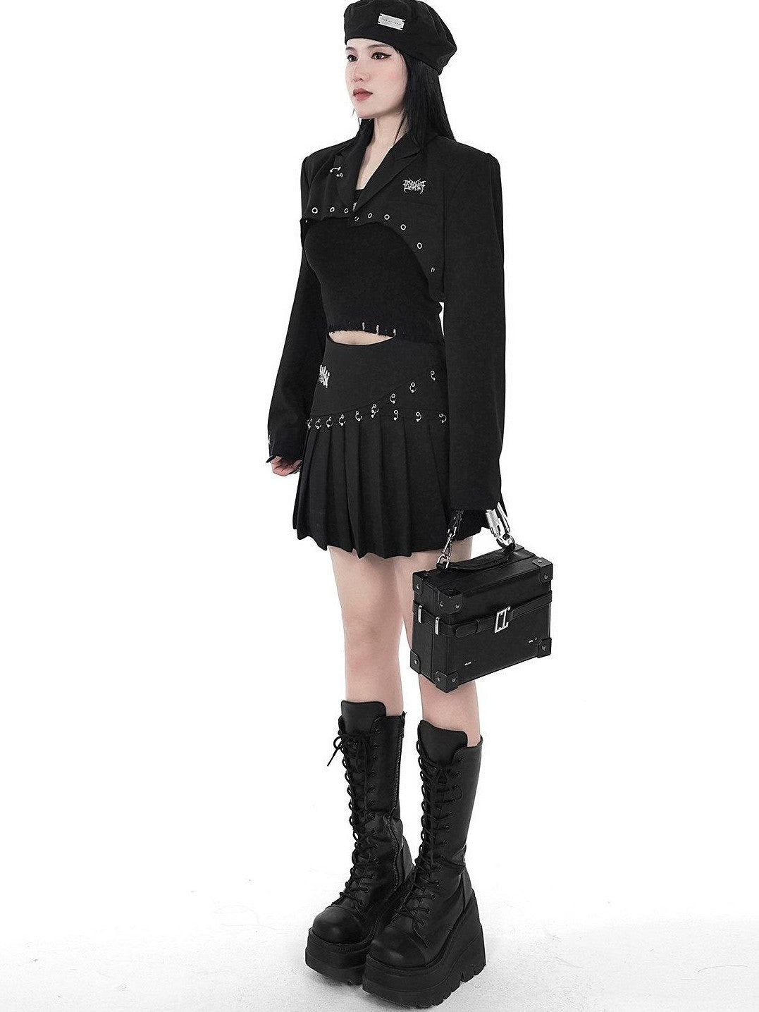 YUBABY Black Pleated Bead Embellished Patchwork Women's Cotton Brocade Skorts