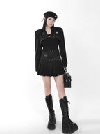 YUBABY Black Pleated Bead Embellished Patchwork Women's Cotton Brocade Skorts