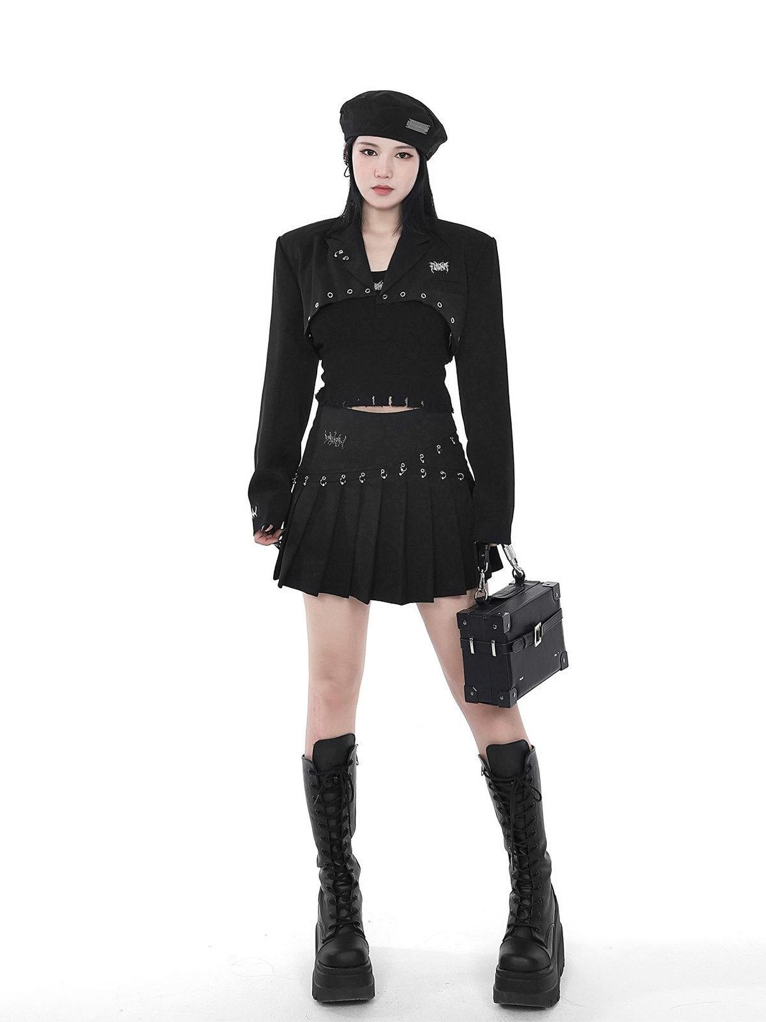 YUBABY Black Pleated Bead Embellished Patchwork Women's Cotton Brocade Skorts
