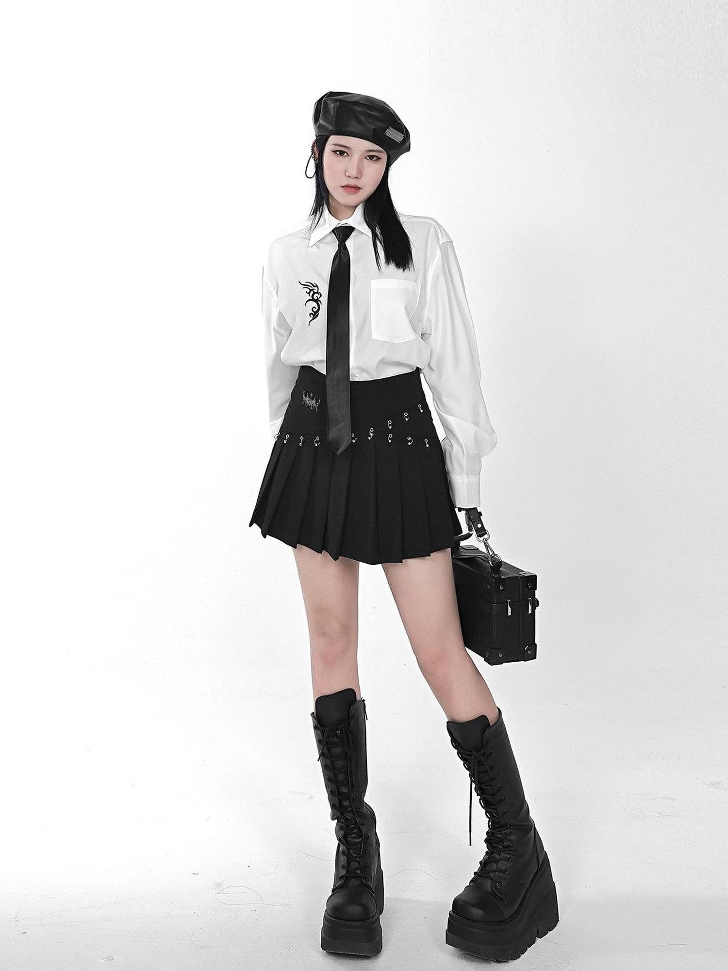 YUBABY Black Pleated Bead Embellished Patchwork Women's Cotton Brocade Skorts