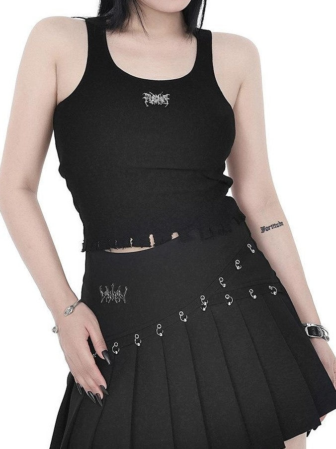 YUBABY Black Pleated Bead Embellished Patchwork Women's Cotton Brocade Skorts