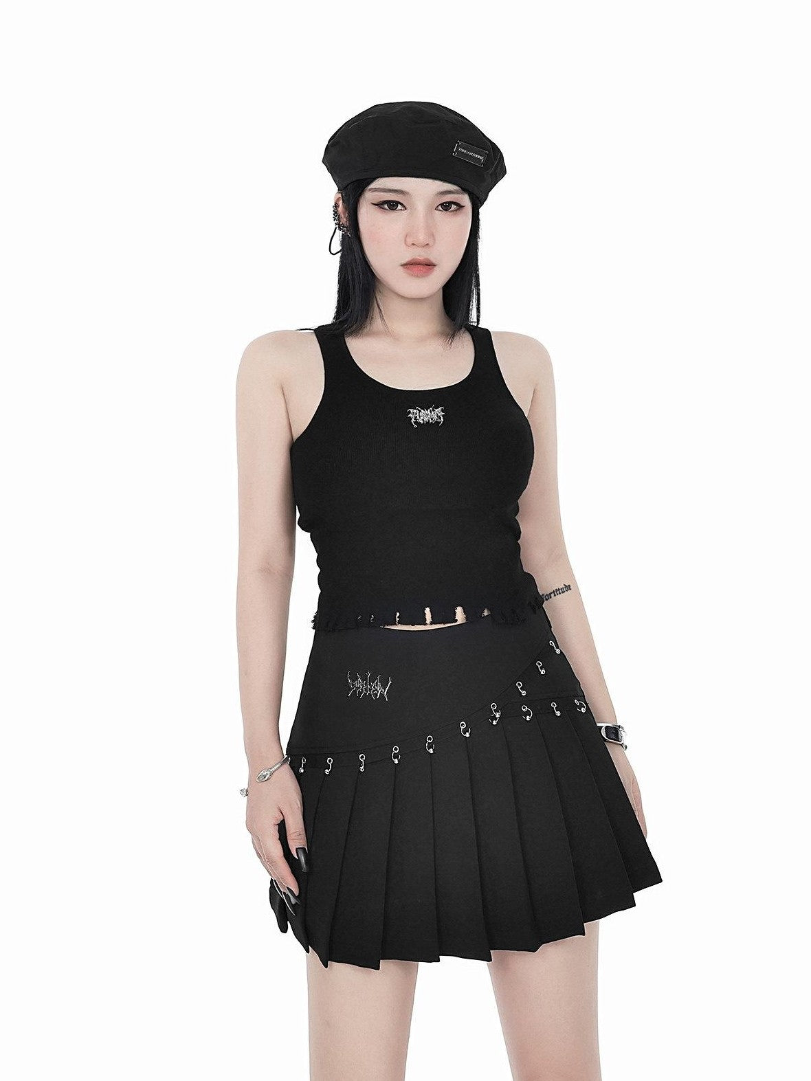 YUBABY Black Pleated Bead Embellished Patchwork Women's Cotton Brocade Skorts