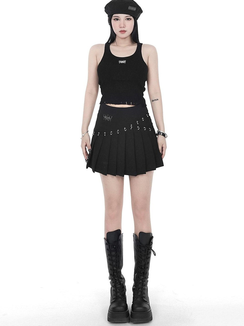 YUBABY Black Pleated Bead Embellished Patchwork Women's Cotton Brocade Skorts