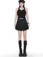 YUBABY Black Pleated Bead Embellished Patchwork Women's Cotton Brocade Skorts