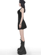 YUBABY Black Pleated Bead Embellished Patchwork Women's Cotton Brocade Skorts