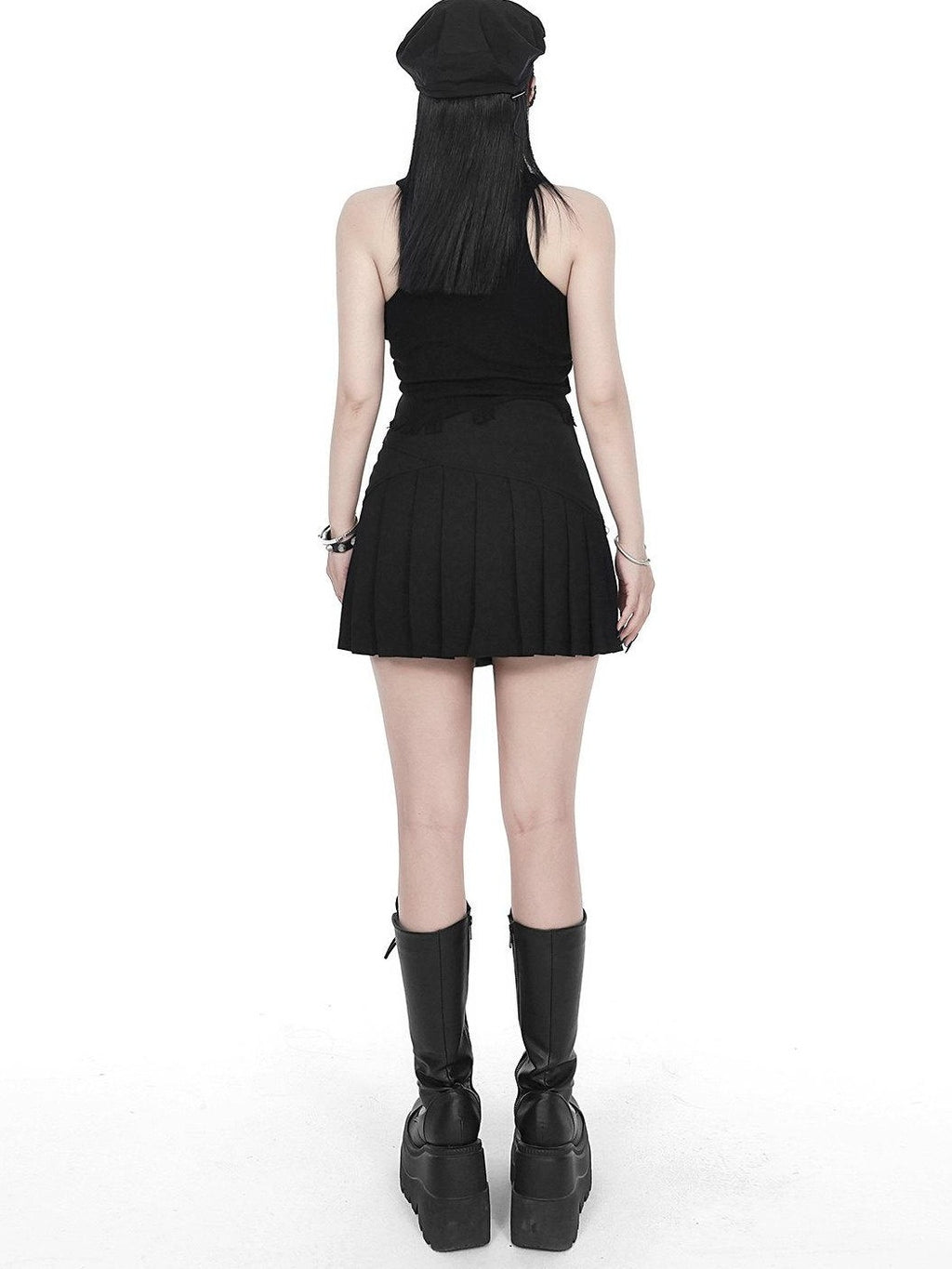 YUBABY Black Pleated Bead Embellished Patchwork Women's Cotton Brocade Skorts
