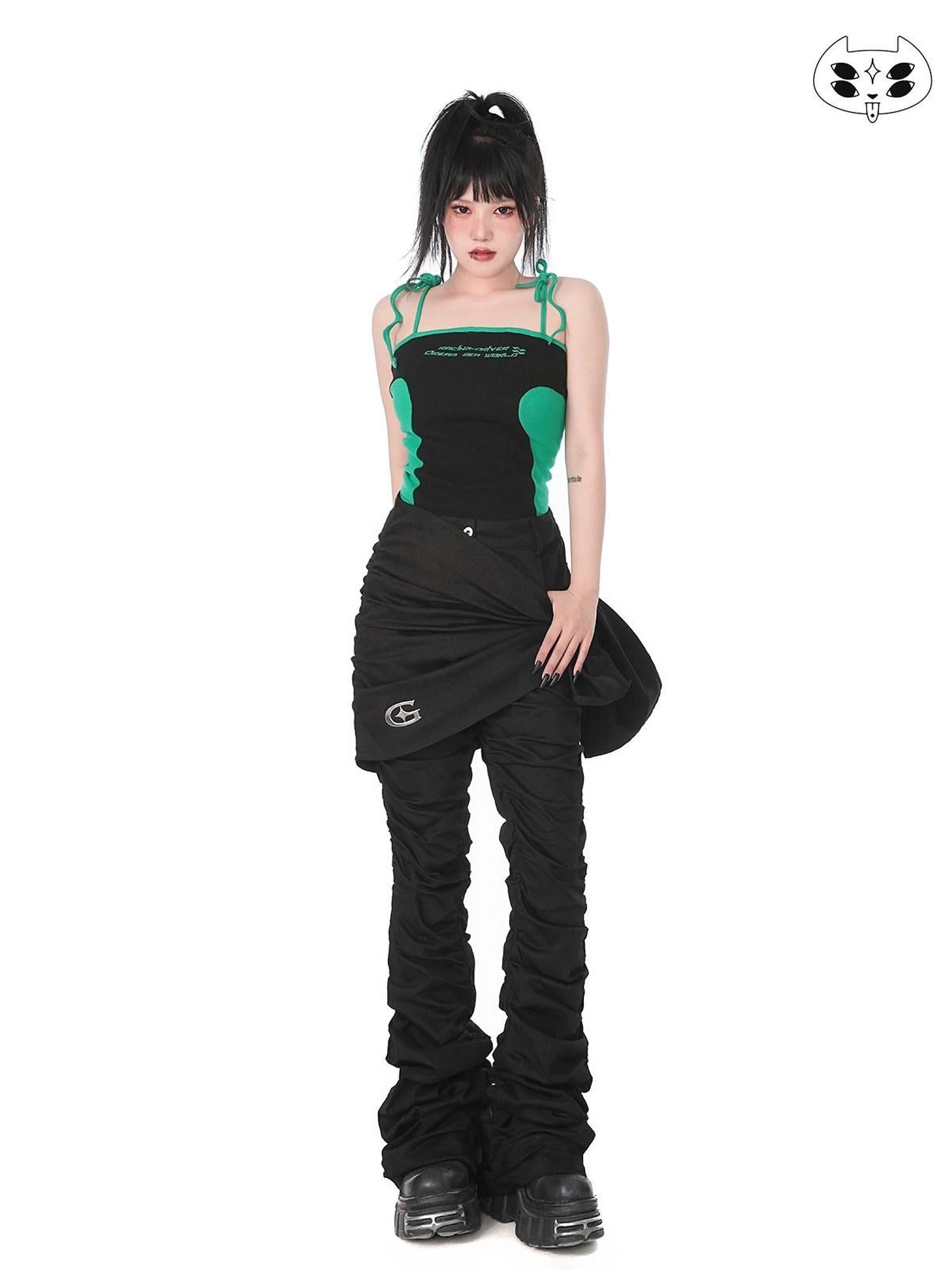 YUBABY Black Pleated Futuristic Detachable Apron Two Piece Women's Flare Pants