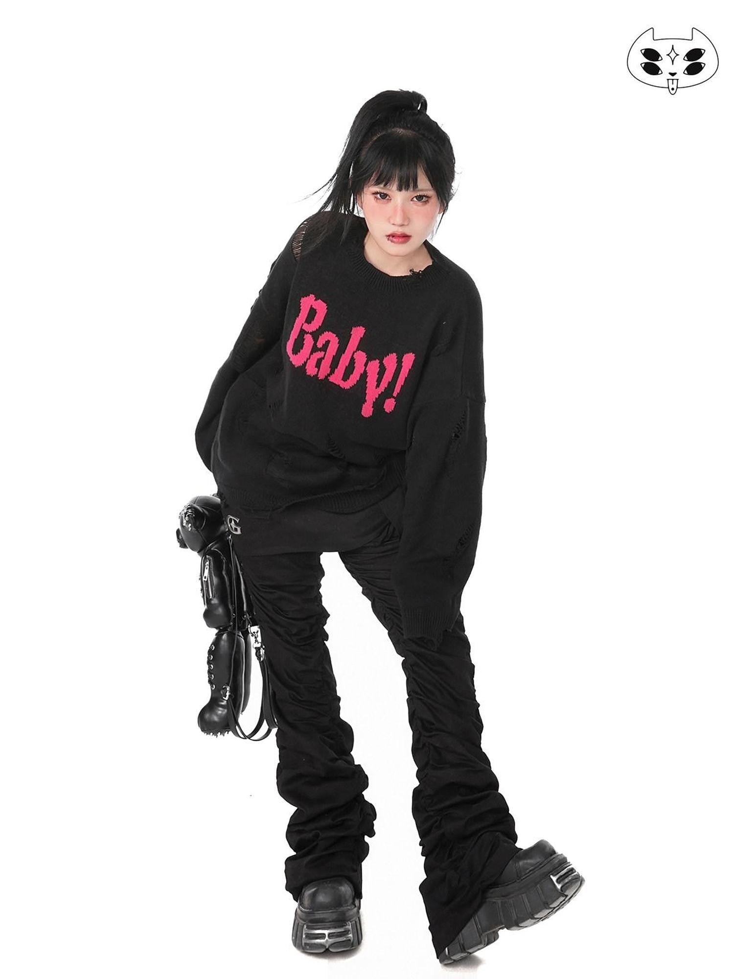 YUBABY Black Pleated Futuristic Detachable Apron Two Piece Women's Flare Pants