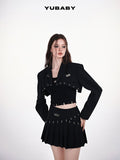 YUBABY Black Pleated Punk Mid Waist Strap O Ring Women's Polyester Mini Skirts
