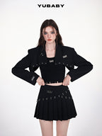 YUBABY Black Pleated Punk Mid Waist Strap O Ring Women's Polyester Mini Skirts