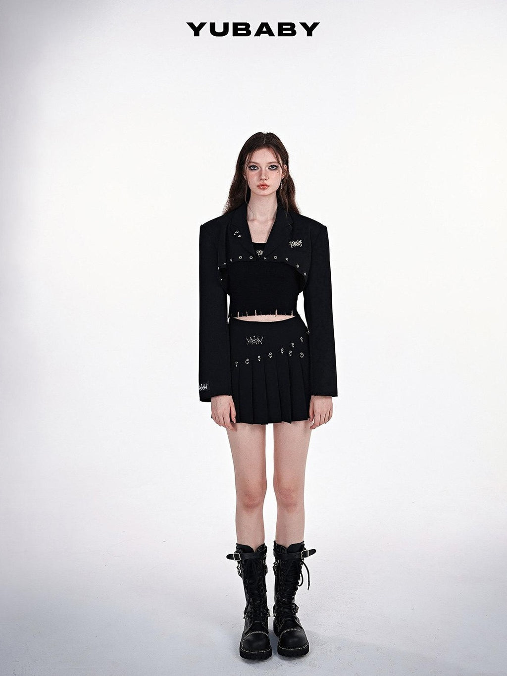 YUBABY Black Pleated Punk Mid Waist Strap O Ring Women's Polyester Mini Skirts