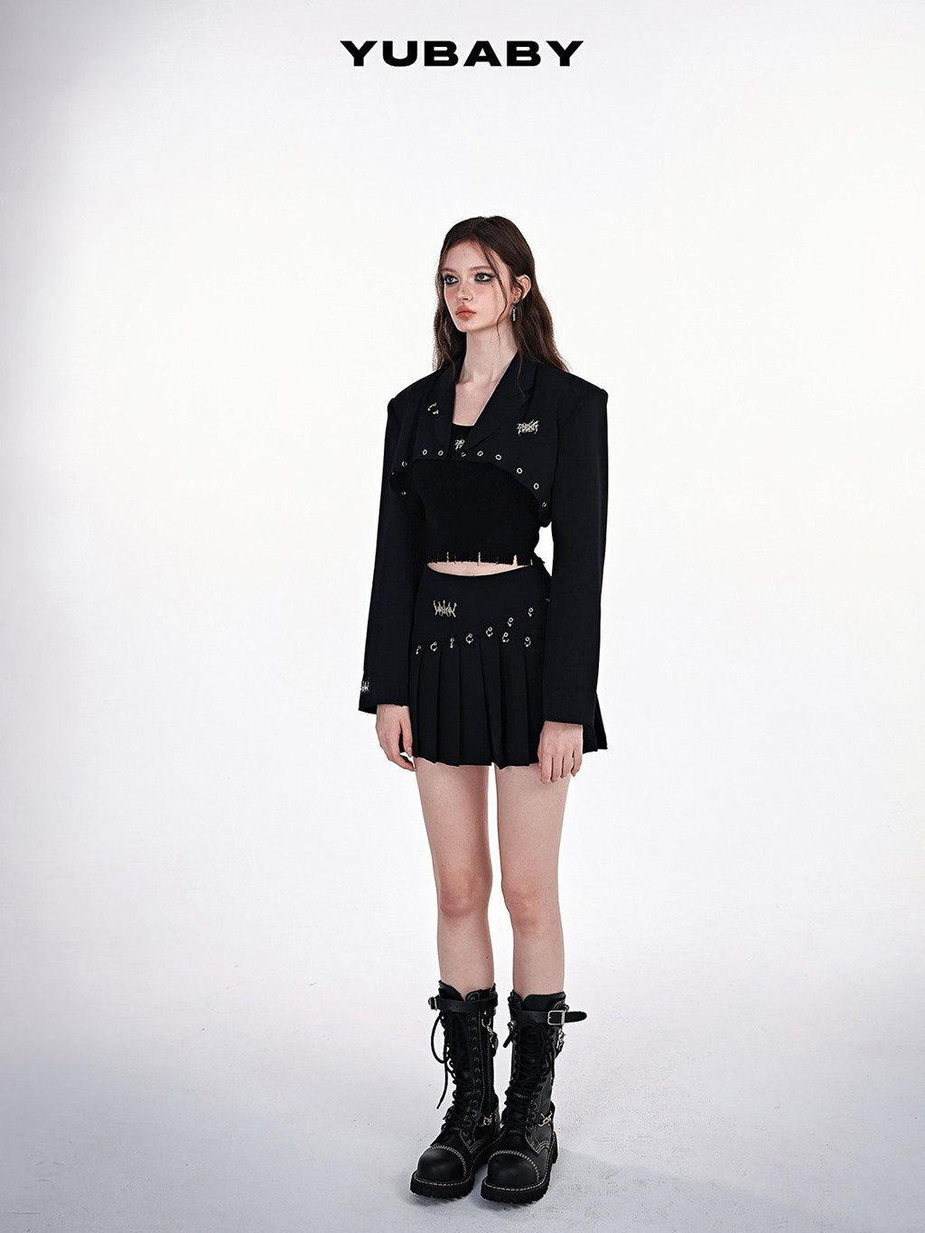 YUBABY Black Pleated Punk Mid Waist Strap O Ring Women's Polyester Mini Skirts