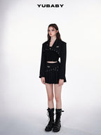 YUBABY Black Pleated Punk Mid Waist Strap O Ring Women's Polyester Mini Skirts