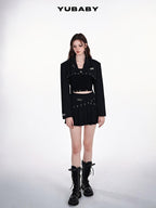 YUBABY Black Pleated Punk Mid Waist Strap O Ring Women's Polyester Mini Skirts