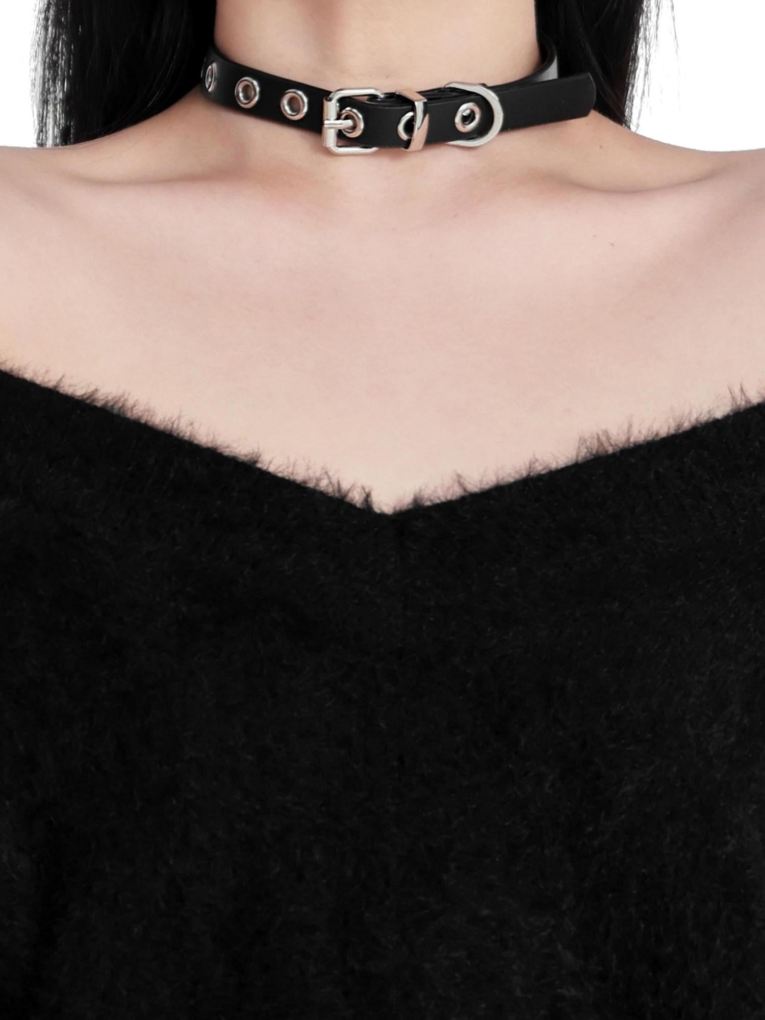 YUBABY Black Punk Rock Thin Classic Metal Ring Eyelet Women's Alloy Neck Gaiters