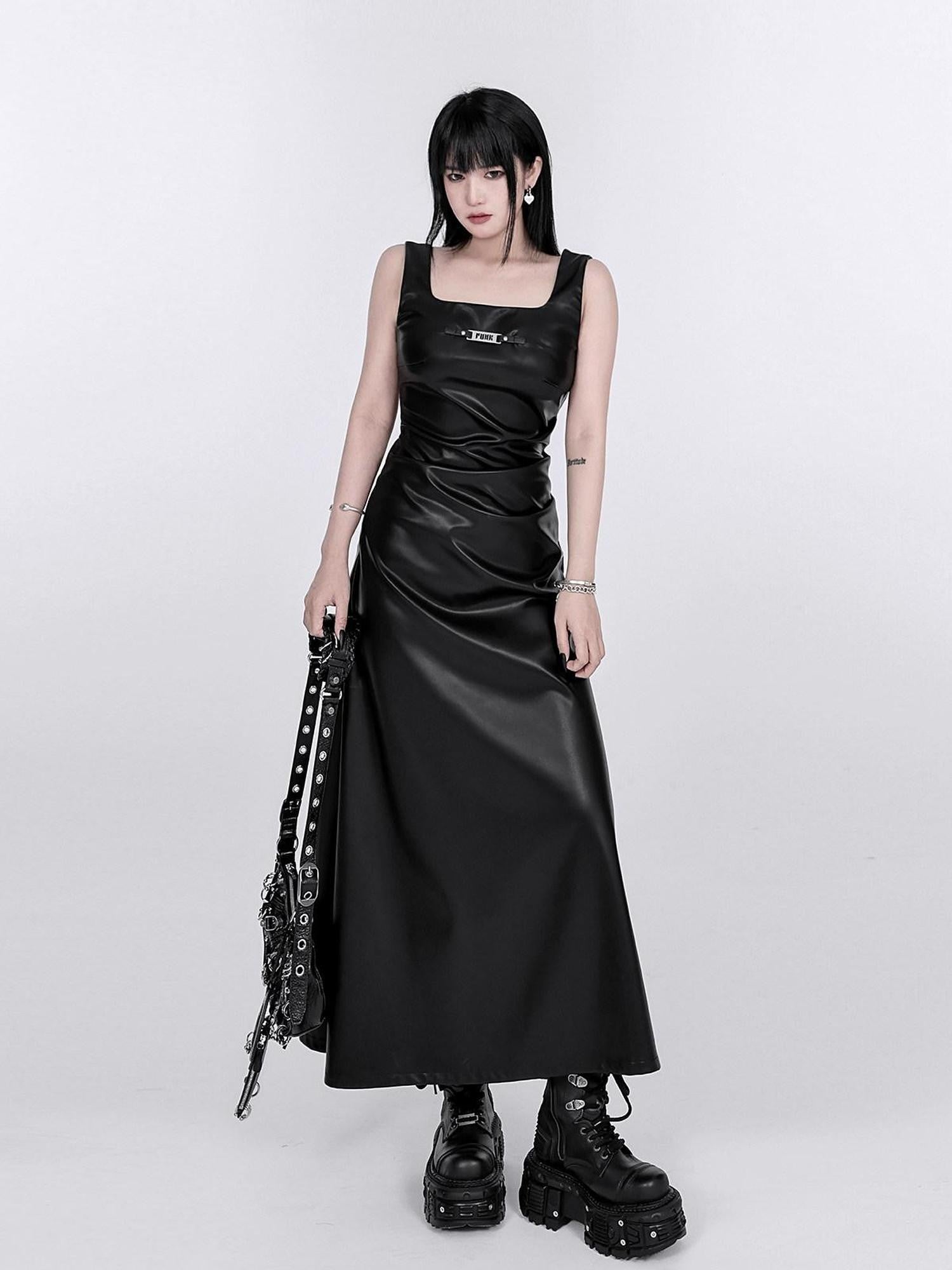 YUBABY Black Ruched Waist Side Slit A Line Women's Faux Leather Slip Maxi Dresses