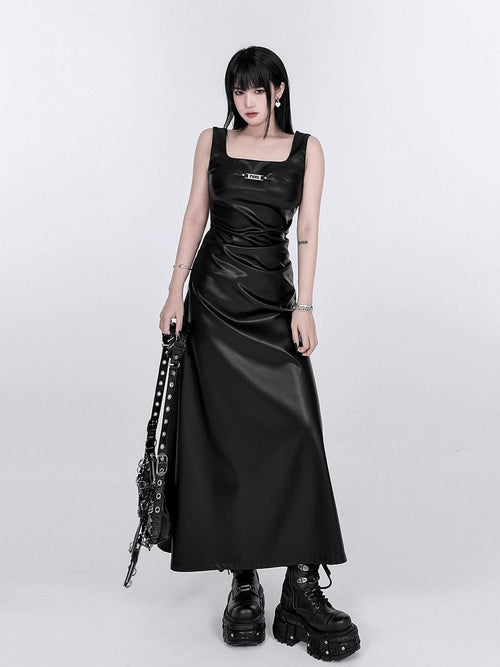 YUBABY Black Ruched Waist Side Slit A Line Women's Faux Leather Slip Maxi Dresses