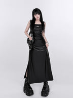 YUBABY Black Ruched Waist Side Slit A Line Women's Faux Leather Slip Maxi Dresses