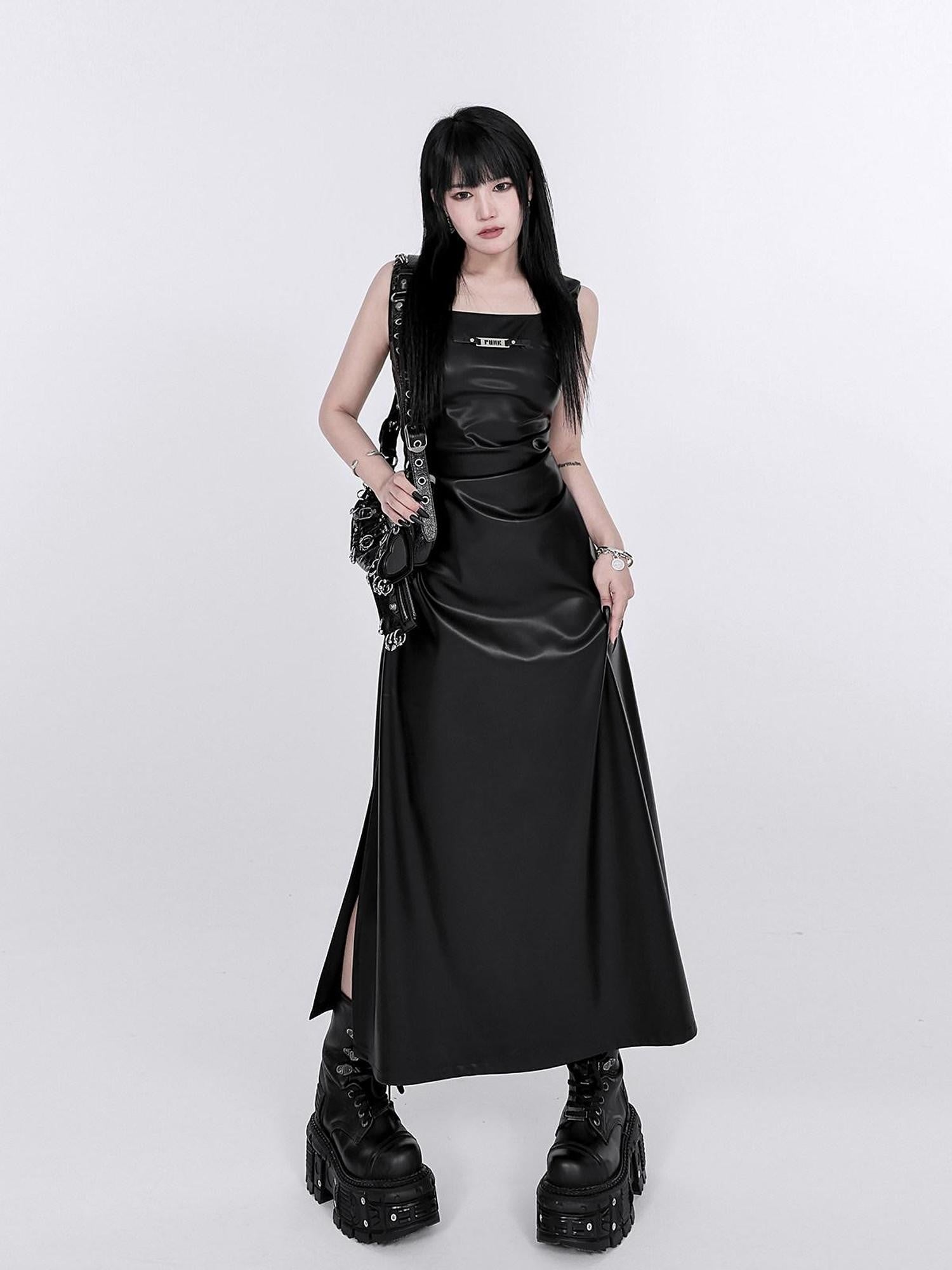YUBABY Black Ruched Waist Side Slit A Line Women's Faux Leather Slip Maxi Dresses