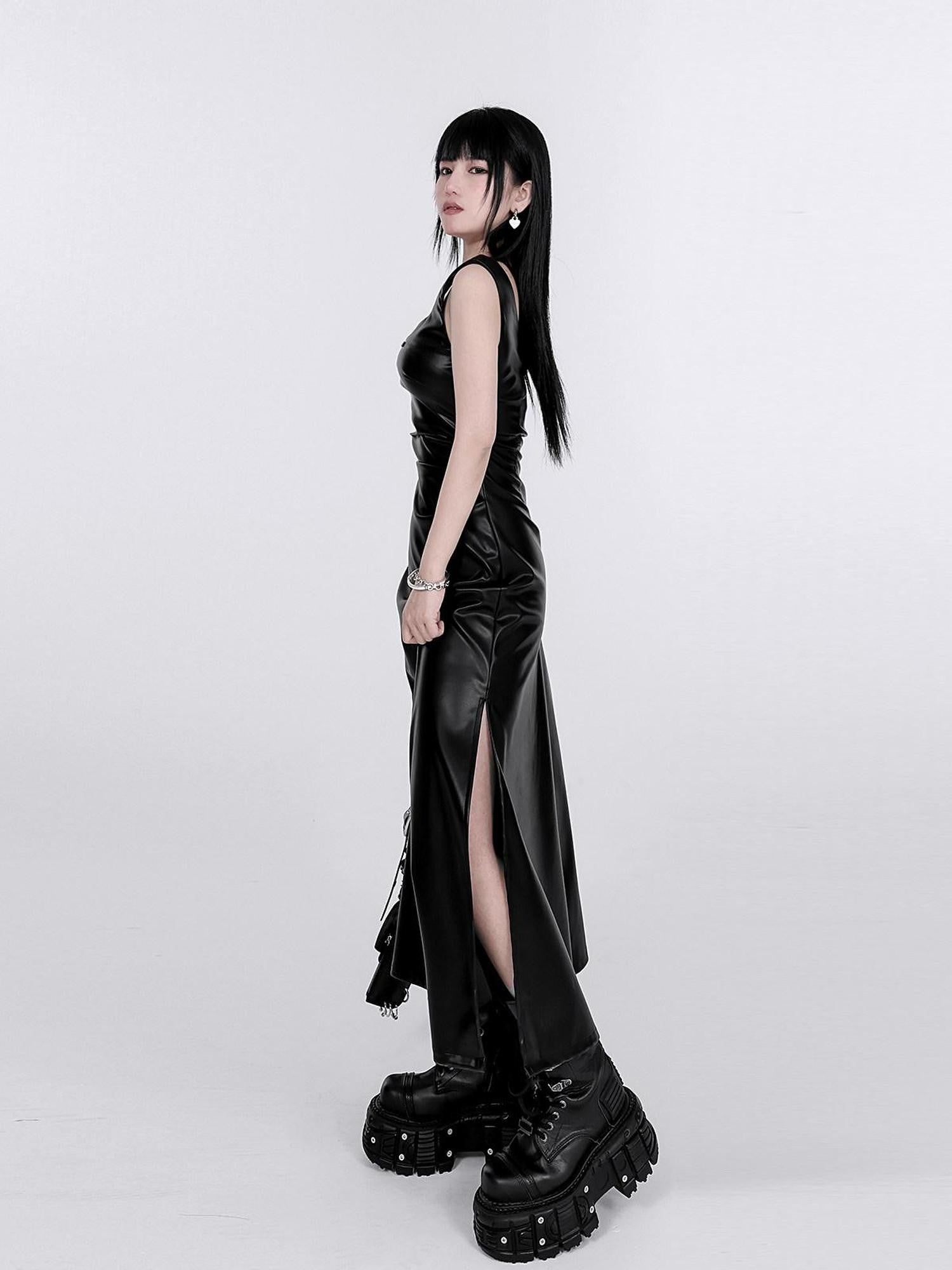 YUBABY Black Ruched Waist Side Slit A Line Women's Faux Leather Slip Maxi Dresses
