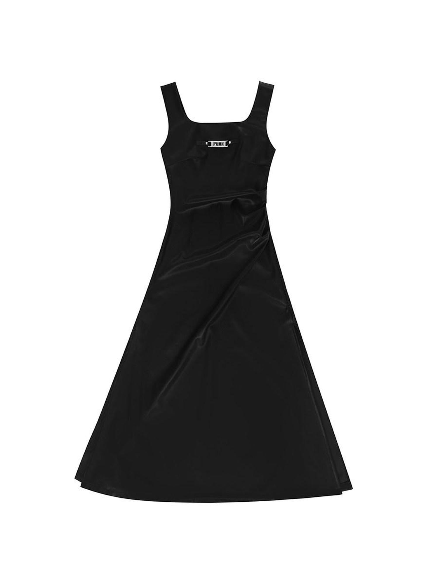 YUBABY Black Ruched Waist Side Slit A Line Women's Faux Leather Slip Maxi Dresses