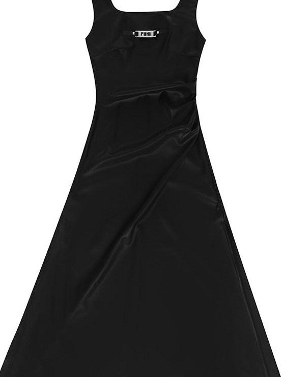 YUBABY Black Ruched Waist Side Slit A Line Women's Faux Leather Slip Maxi Dresses