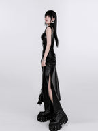 YUBABY Black Ruched Waist Side Slit A Line Women's Faux Leather Slip Maxi Dresses