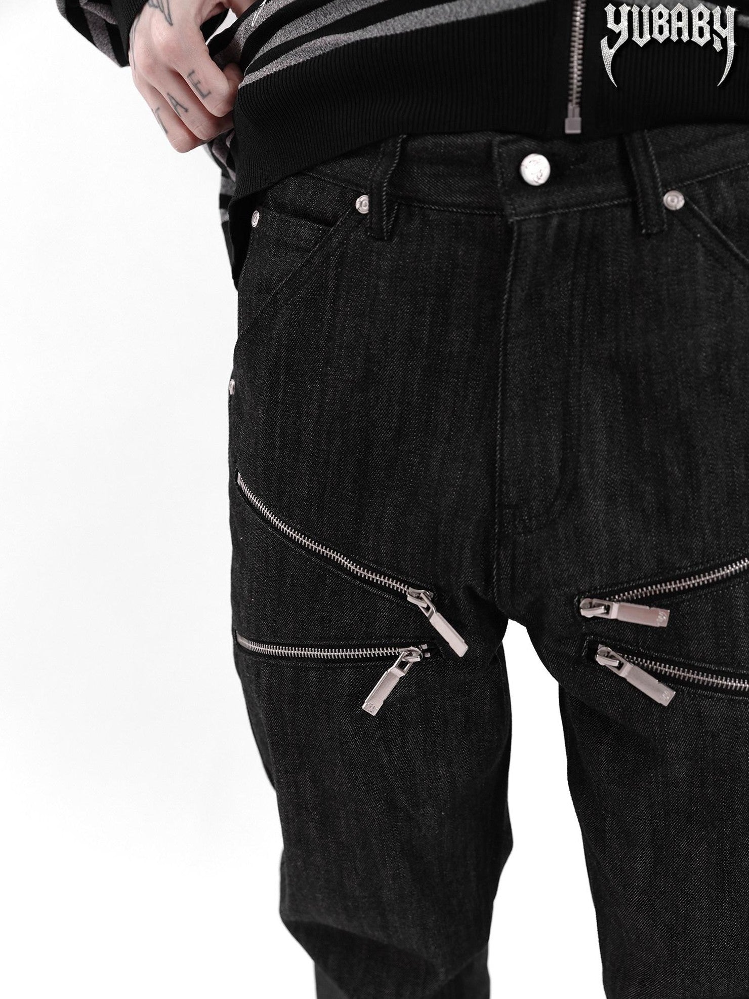 YUBABY Black Selvedge Zipper Large Cross Embroidered Women's Raw Denim Wide-leg Jeans