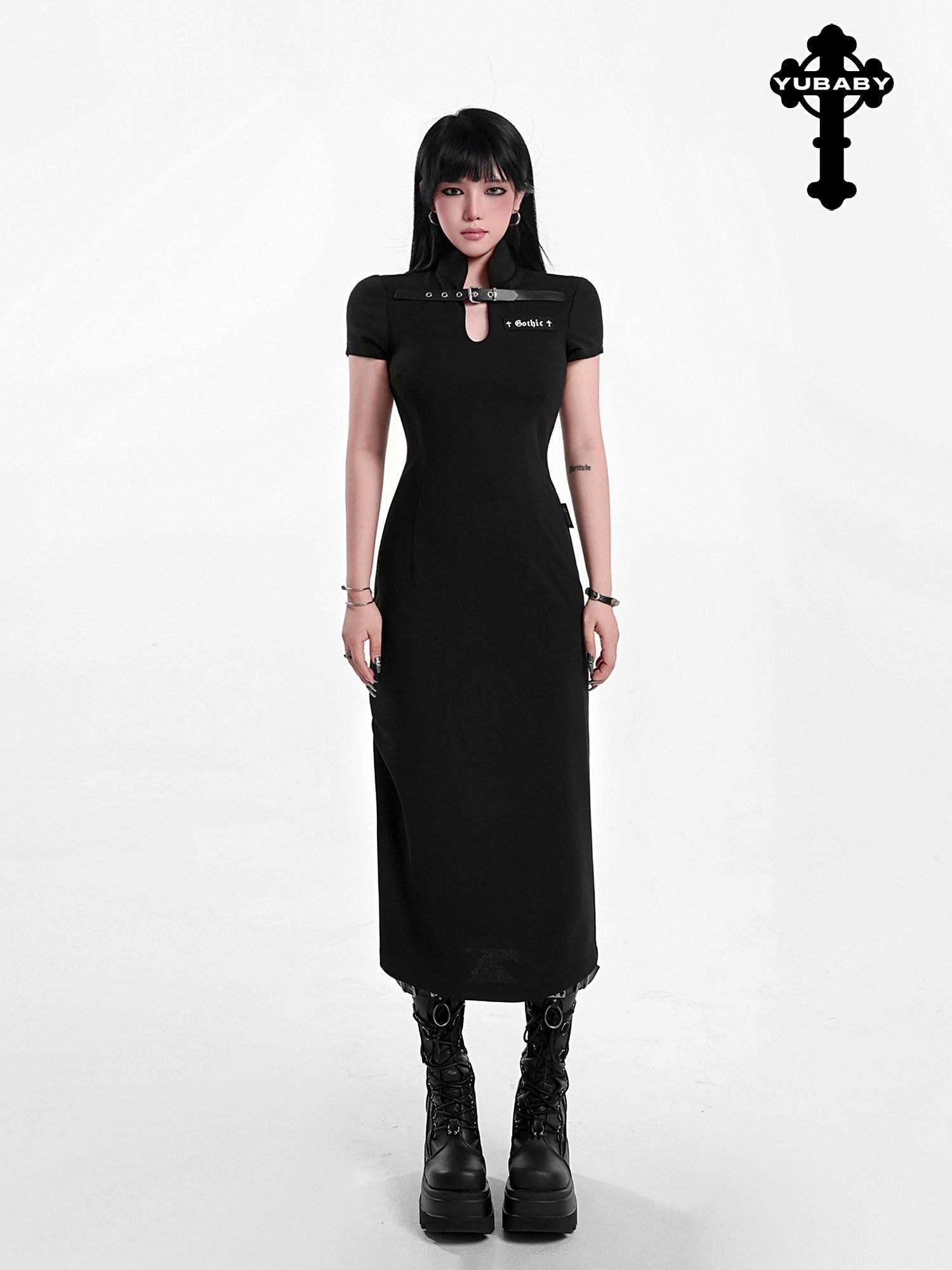 YUBABY Black Side Slit Qipao Belted Stand Collar Women's Casual Maxi Dresses