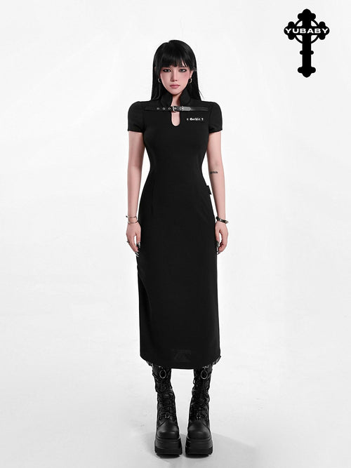 YUBABY Black Side Slit Qipao Belted Stand Collar Women's Casual Maxi Dresses