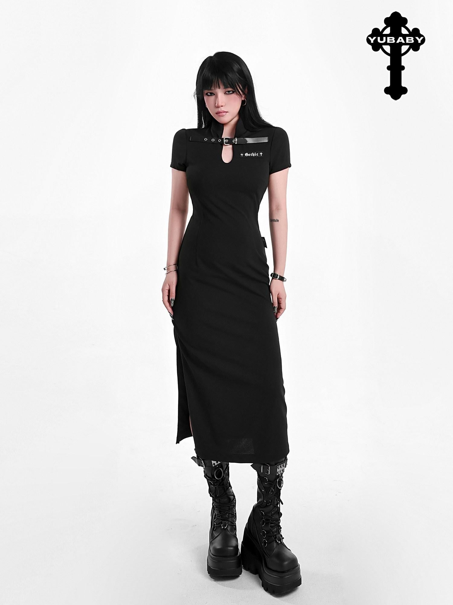 YUBABY Black Side Slit Qipao Belted Stand Collar Women's Casual Maxi Dresses