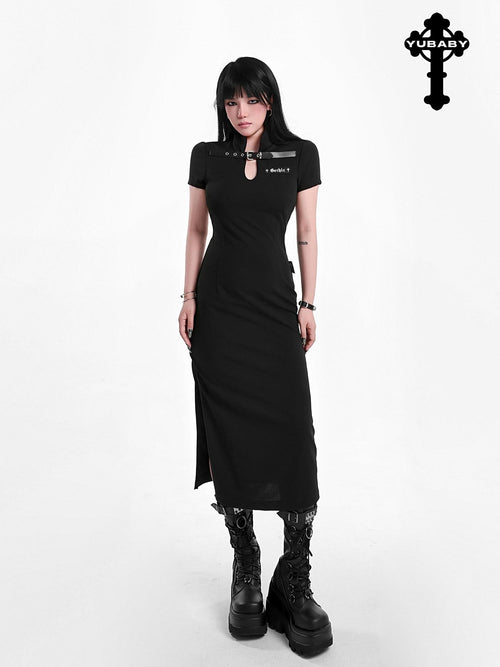 YUBABY Black Side Slit Qipao Belted Stand Collar Women's Casual Maxi Dresses