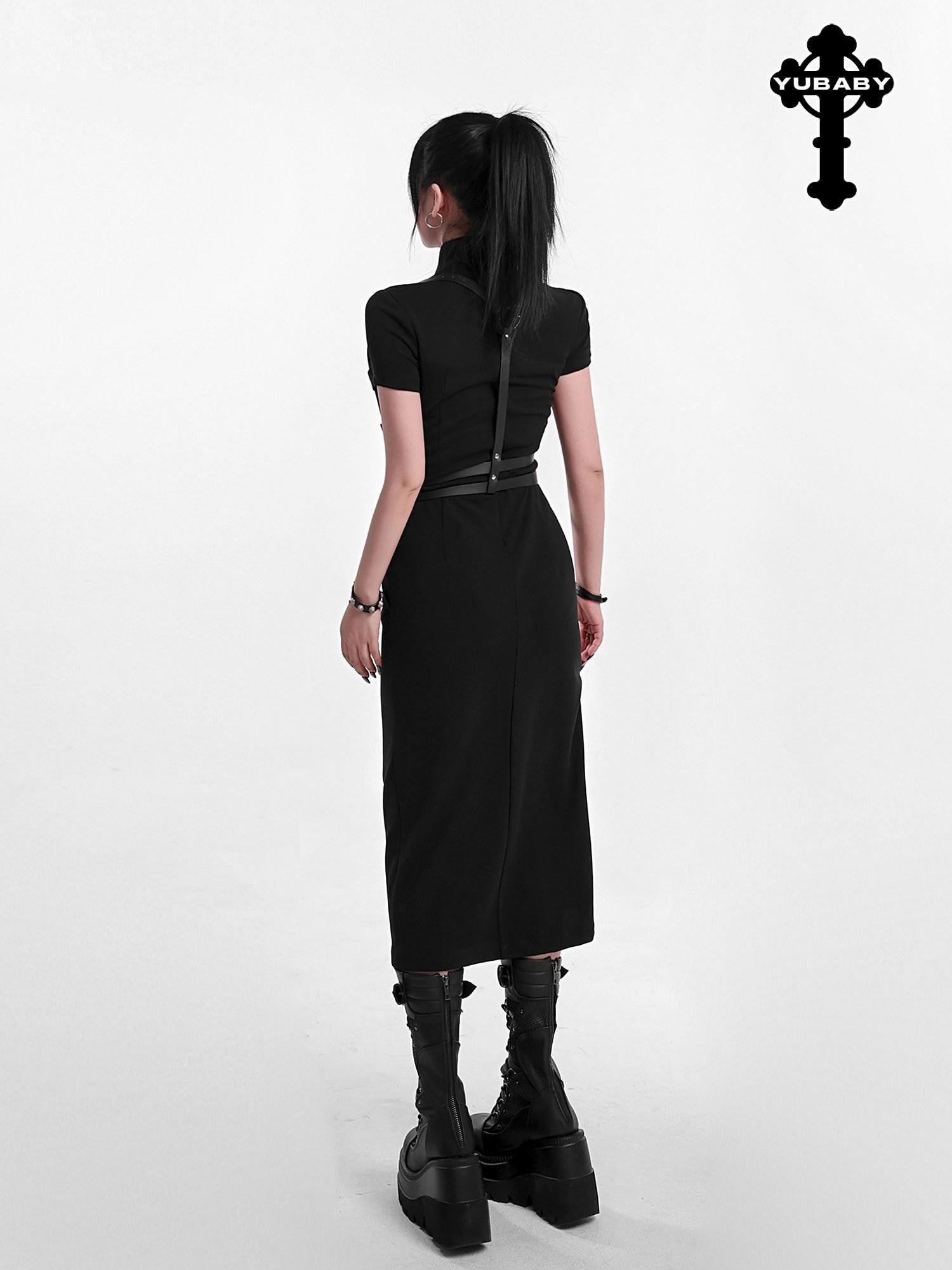 YUBABY Black Side Slit Qipao Belted Stand Collar Women's Casual Maxi Dresses