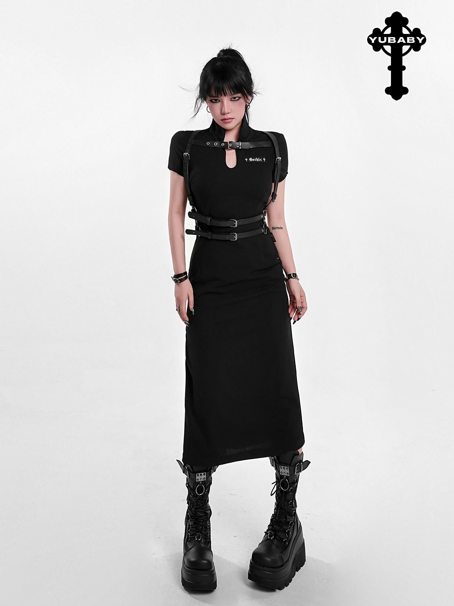 YUBABY Black Side Slit Qipao Belted Stand Collar Women's Casual Maxi Dresses
