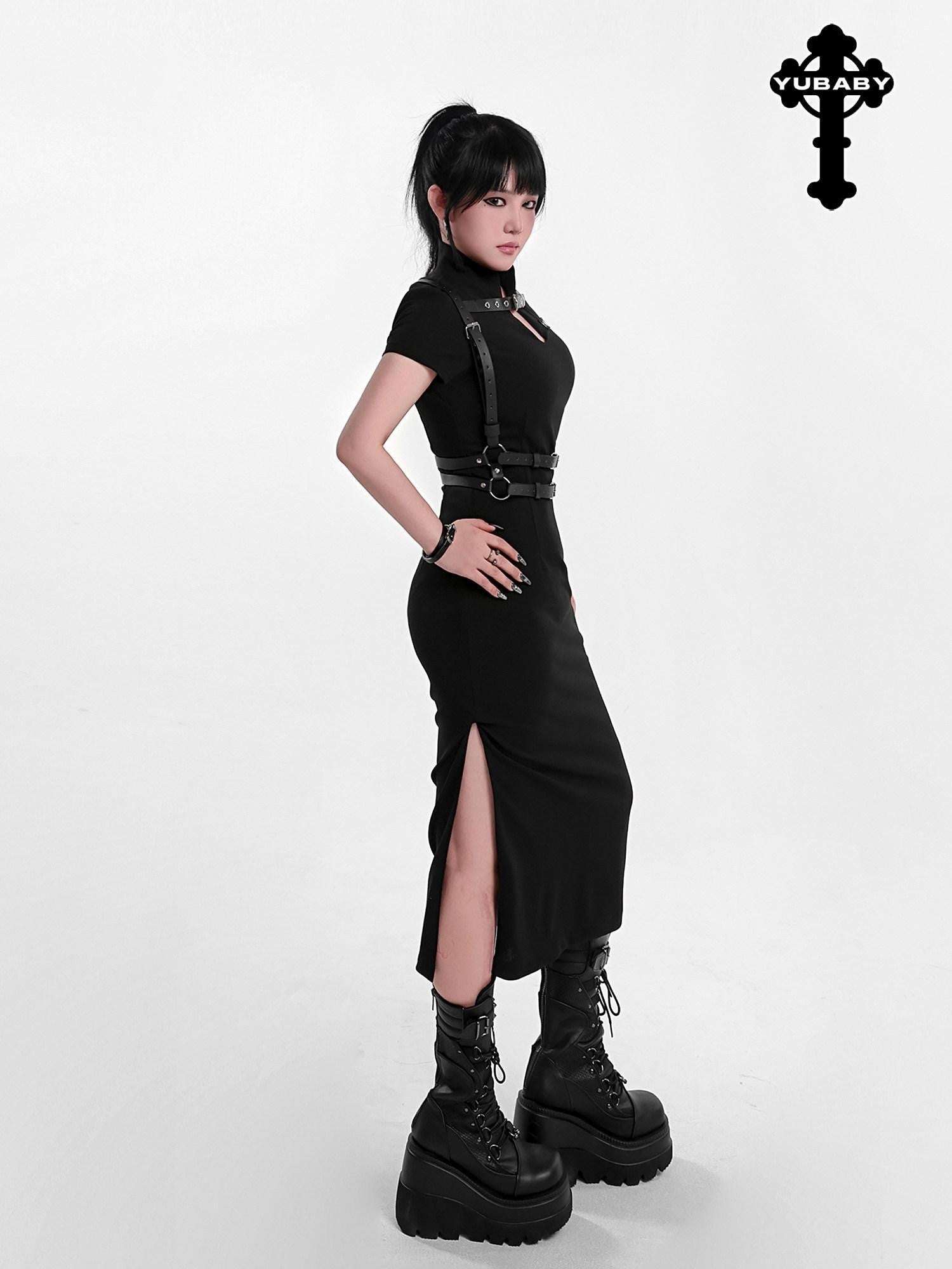 YUBABY Black Side Slit Qipao Belted Stand Collar Women's Casual Maxi Dresses