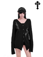 YUBABY Black Skull Totem Asymmetrical Button Badge Lightweight Women's Cotton Cardigans