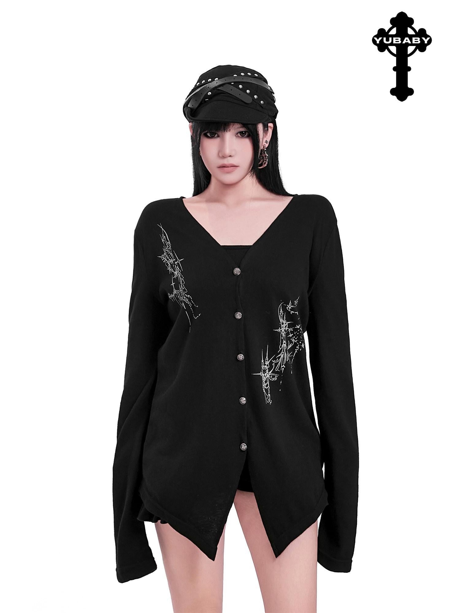 YUBABY Black Skull Totem Asymmetrical Button Badge Lightweight Women's Cotton Cardigans