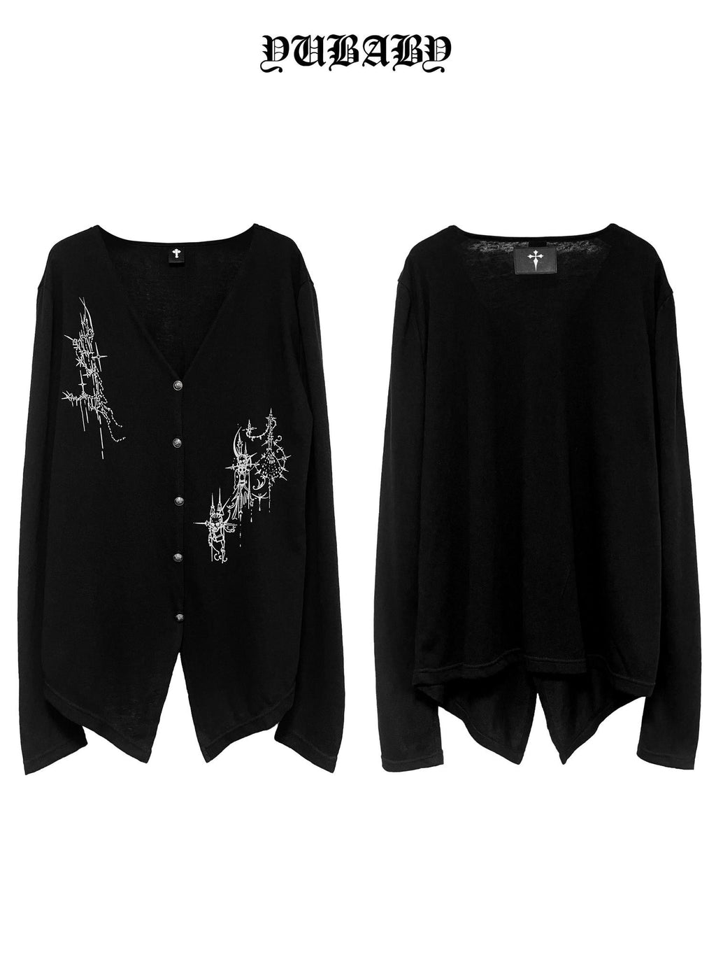 YUBABY Black Skull Totem Asymmetrical Button Badge Lightweight Women's Cotton Cardigans