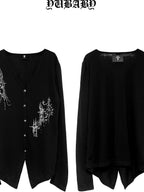 YUBABY Black Skull Totem Asymmetrical Button Badge Lightweight Women's Cotton Cardigans
