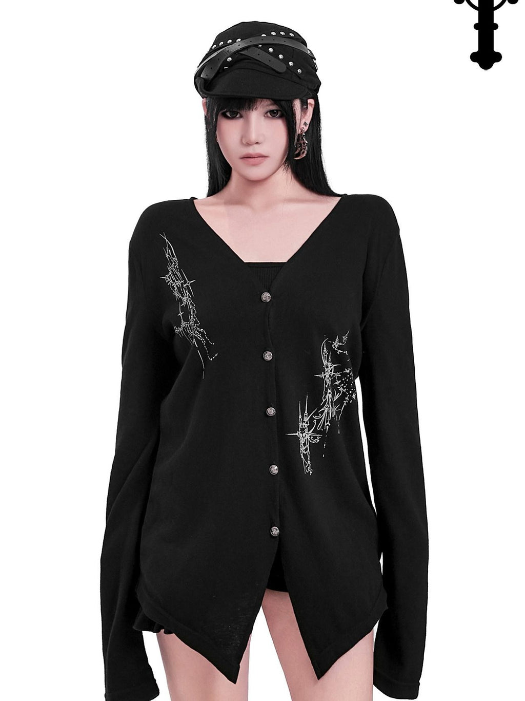 YUBABY Black Skull Totem Asymmetrical Button Badge Lightweight Women's Cotton Cardigans