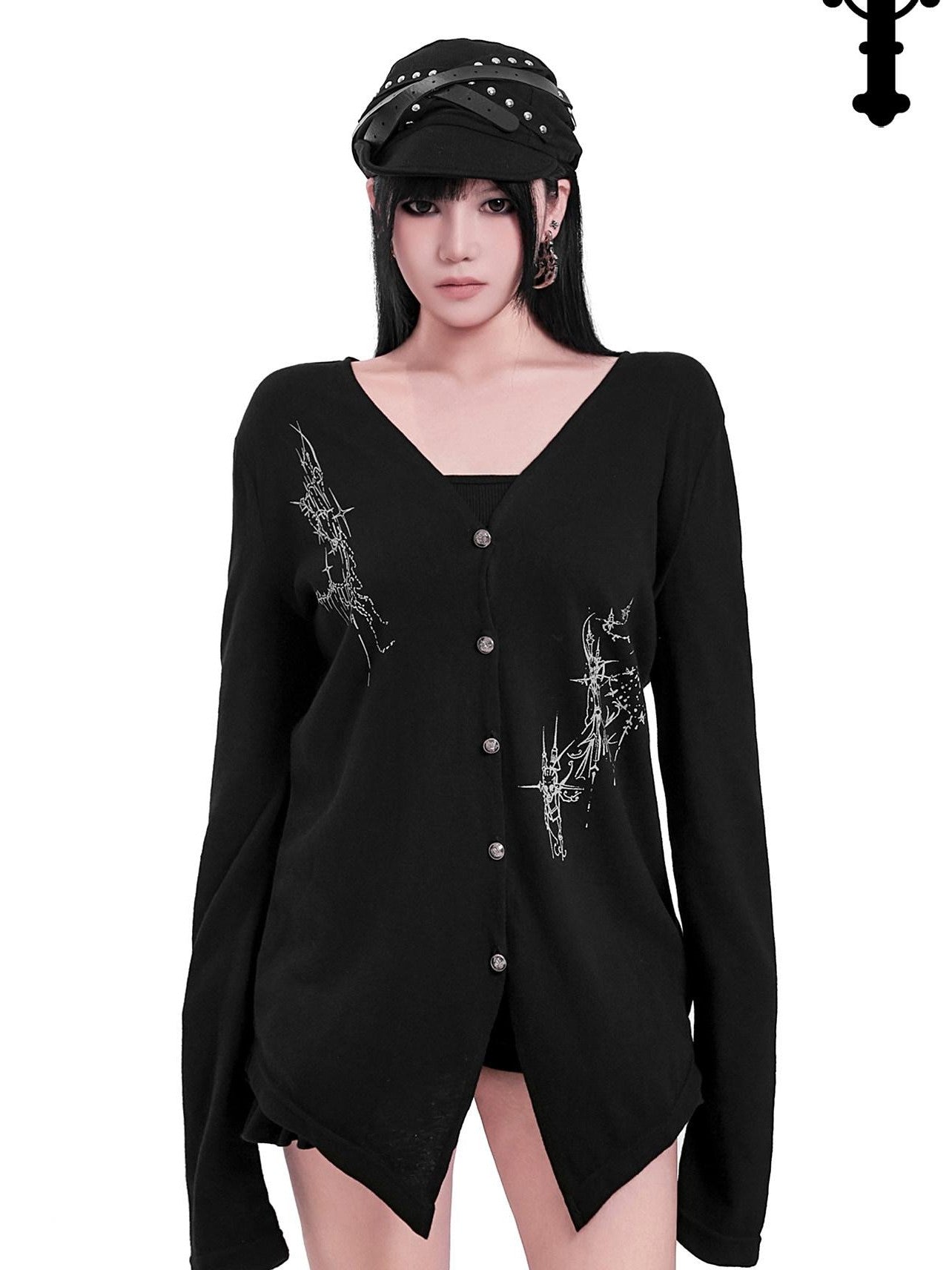 YUBABY Black Skull Totem Asymmetrical Button Badge Lightweight Women's Cotton Cardigans