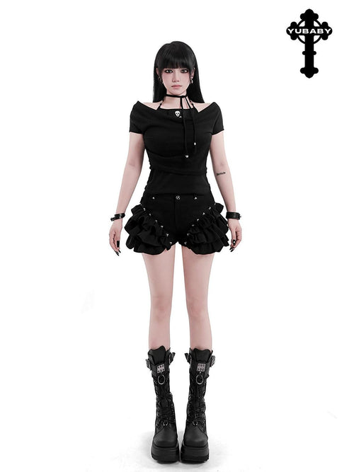 YUBABY Black Spliced Metal Skull Applique Gothic Halter Women's Neck Gaiters