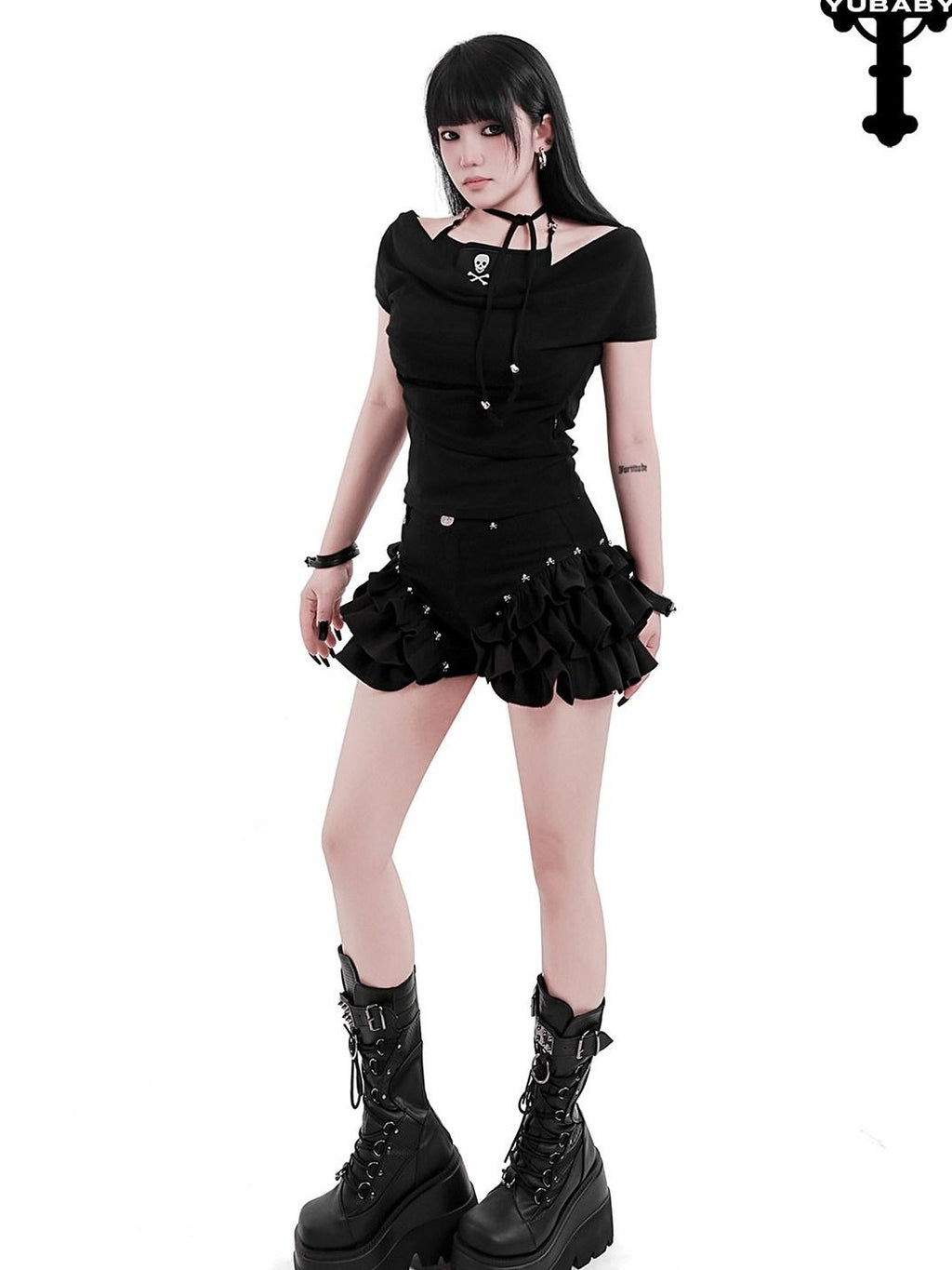 YUBABY Black Spliced Metal Skull Applique Gothic Halter Women's Neck Gaiters