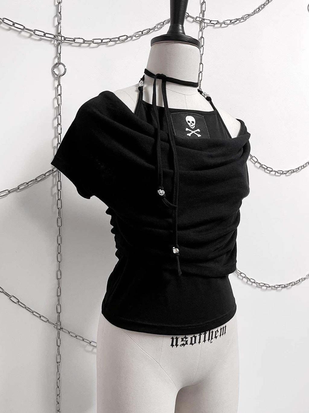 YUBABY Black Spliced Metal Skull Applique Gothic Halter Women's Neck Gaiters